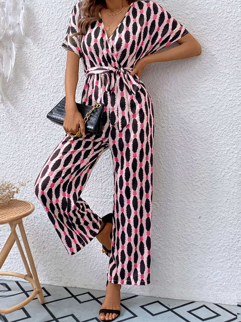 Printed Surplice Tie Waist Short Sleeve Jumpsuit, image 18