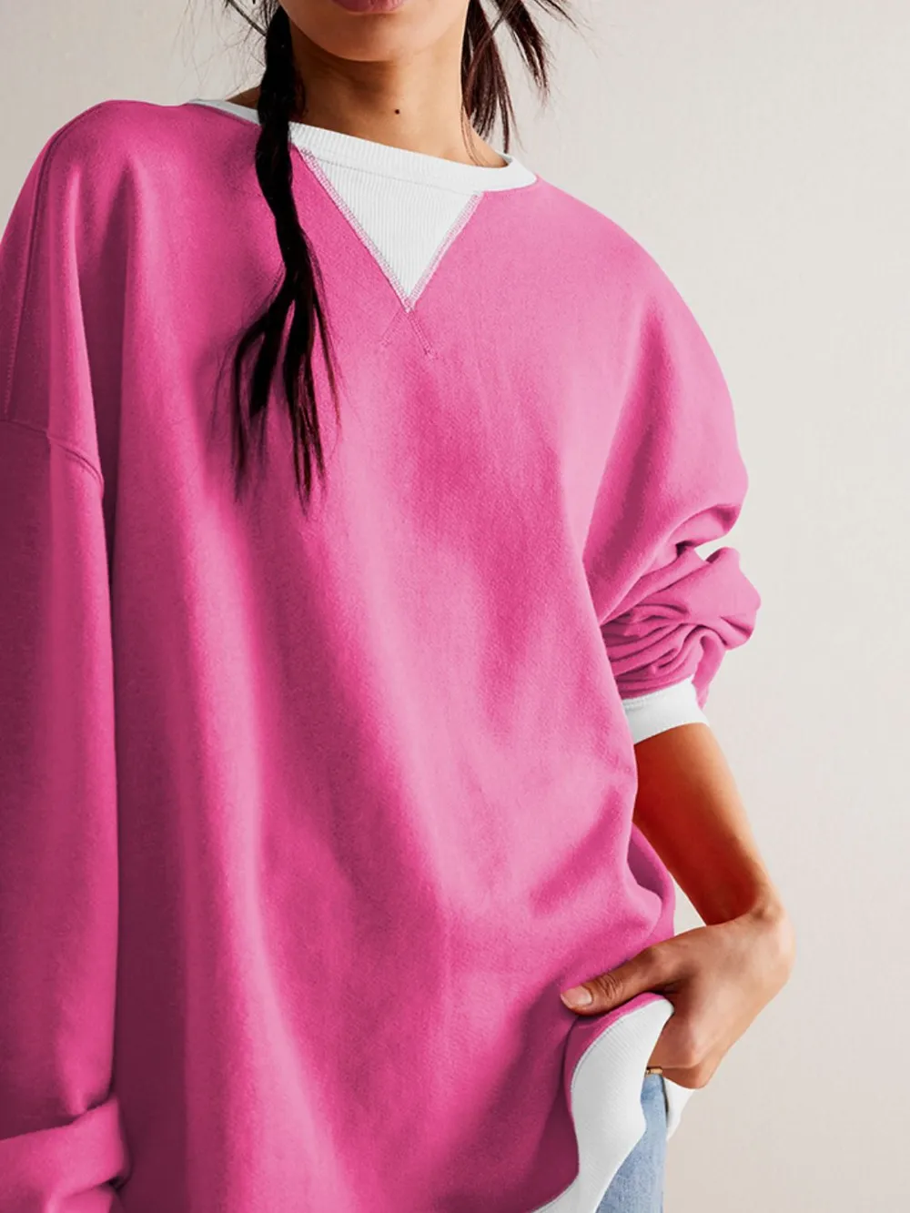 Contrast Trim Round Neck Long Sleeve Sweatshirt, image 5