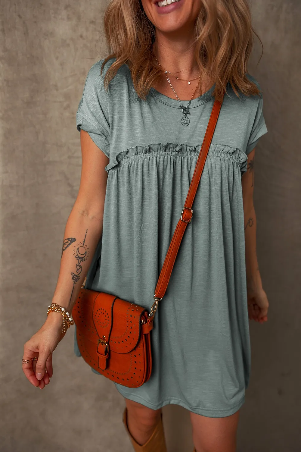 Frilled Gathered Seam Round Neck T Shirt Dress, image 9