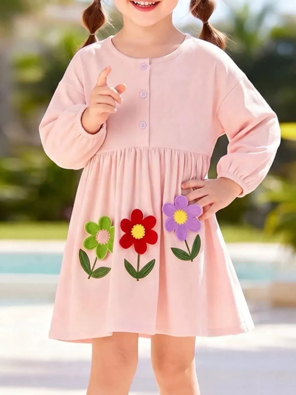 Children's Flower Button Detail Long Sleeve Dress, image 3