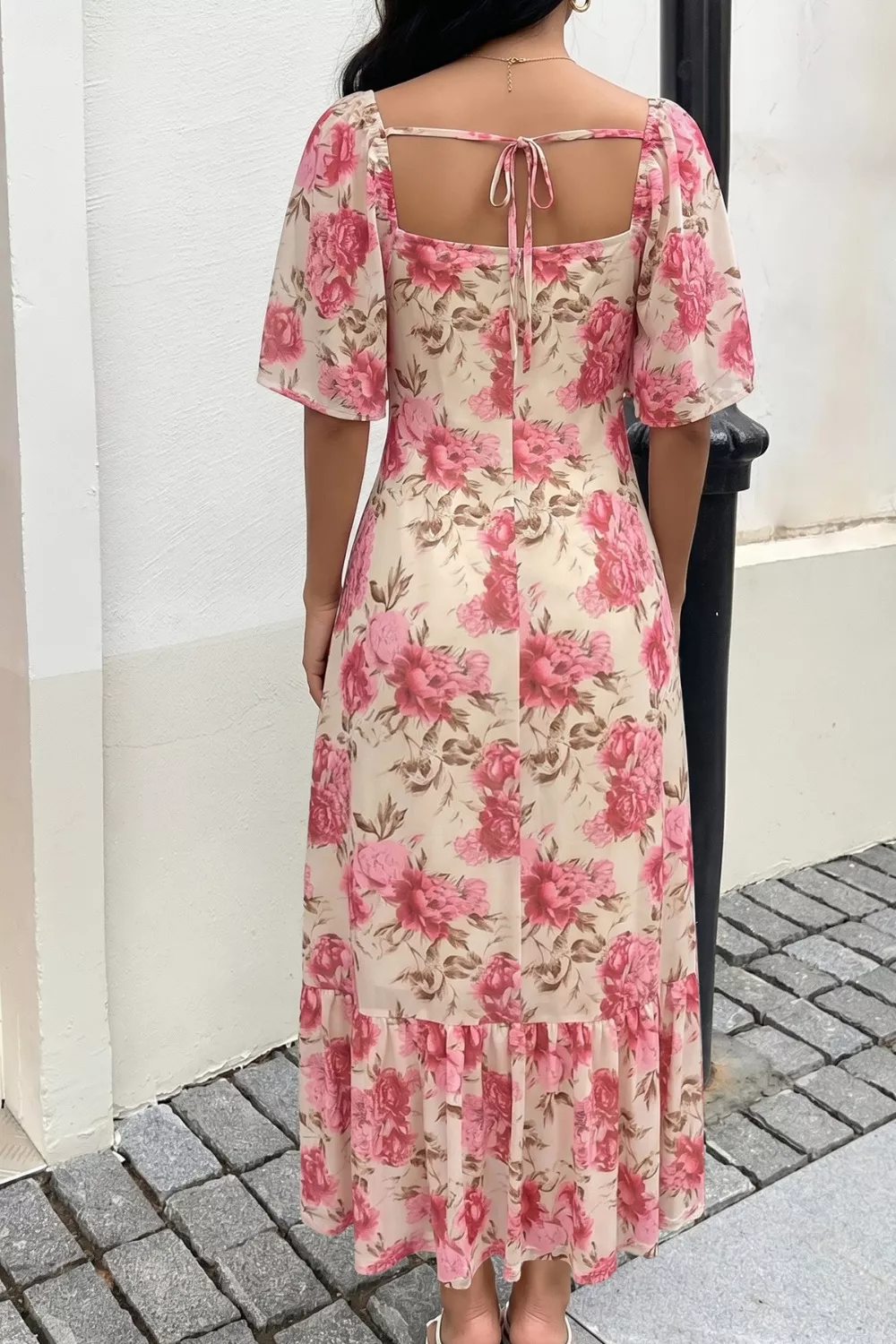 Floral Print Ruffle Hem Flutter Sleeve Dress, image 5