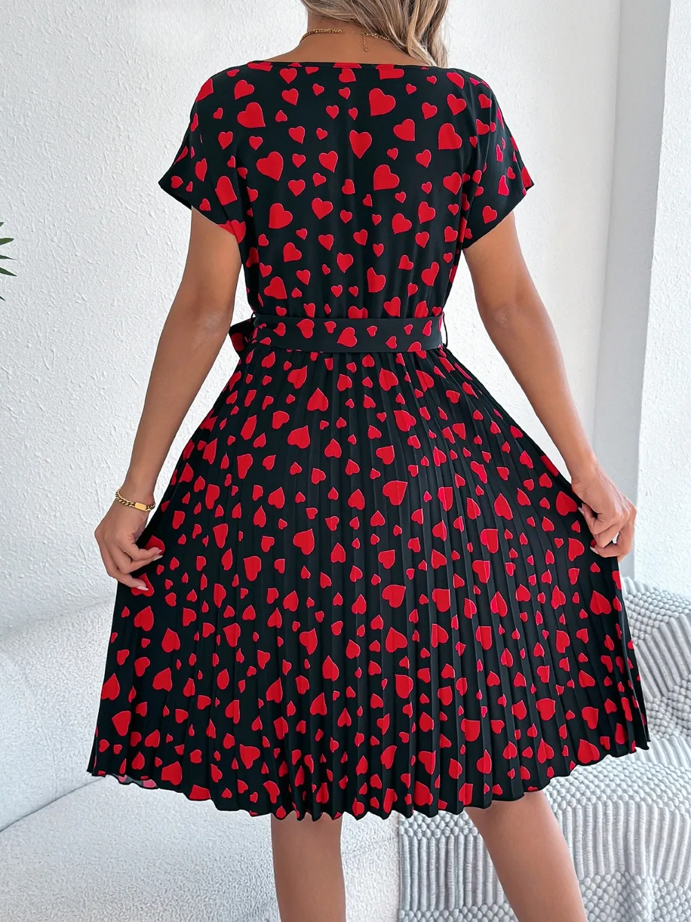 Heart Print Short Sleeve Tie Waist Dress, image 8