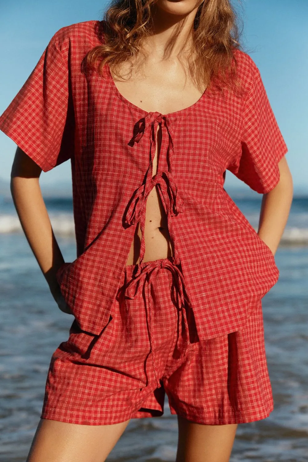 Plaid Tied Scoop Neck Short Sleeve Top and Drawstring Shorts Set, image 2