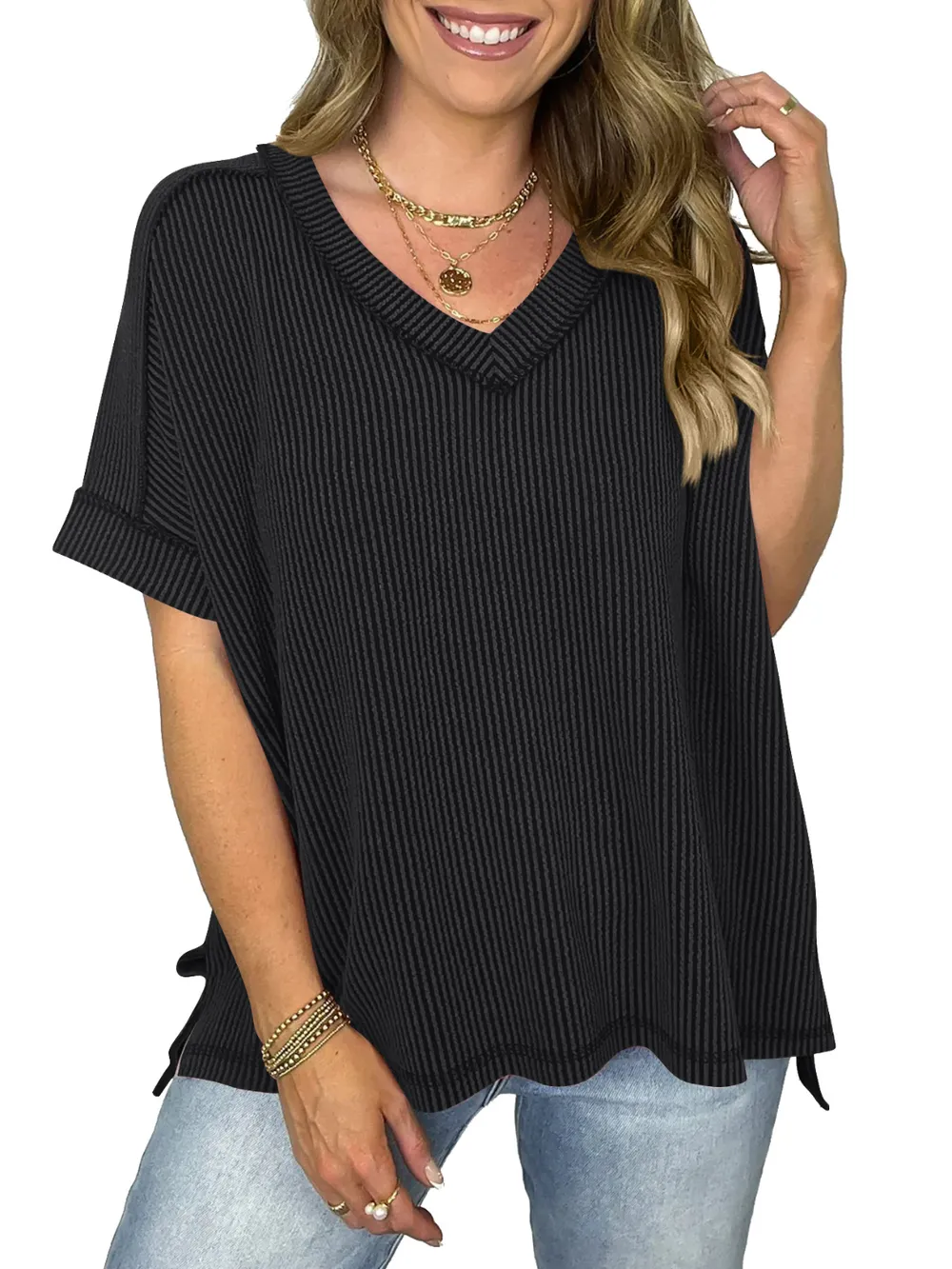 Cord Ribbed V-Neck Short Sleeve T-Shirt, image 19