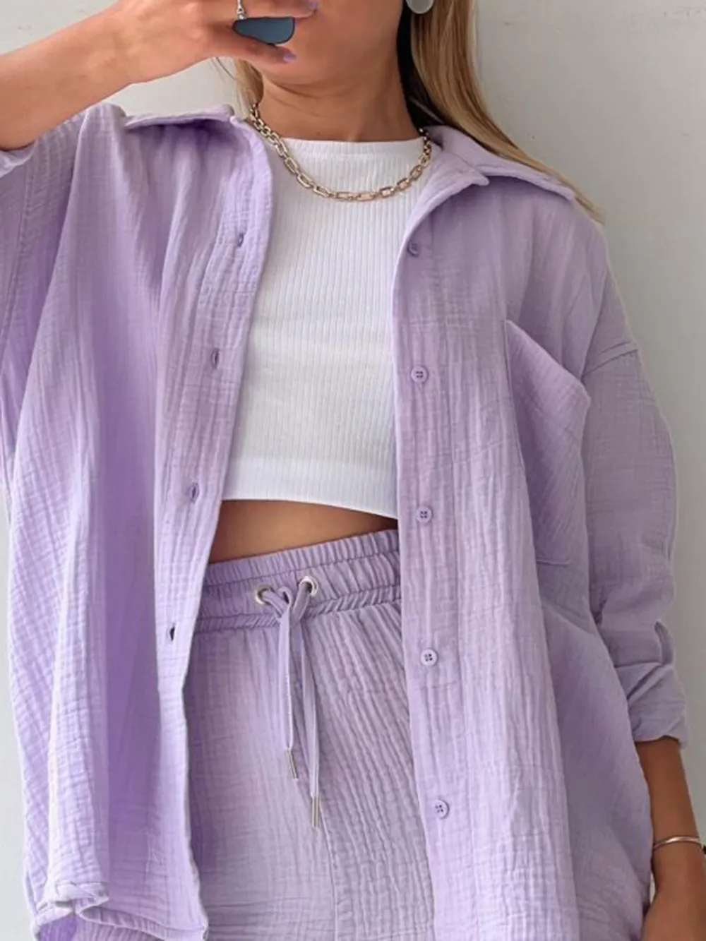Texture Button Up Shirt and Drawstring Shorts Set, image 23