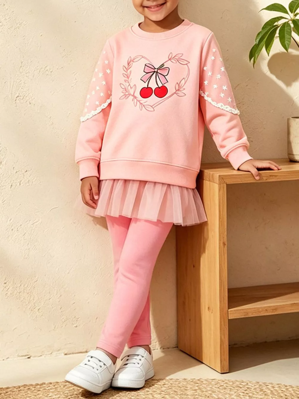 Children's Cherry Graphic Tulle Sweatshirt and Leggings Set, image 2