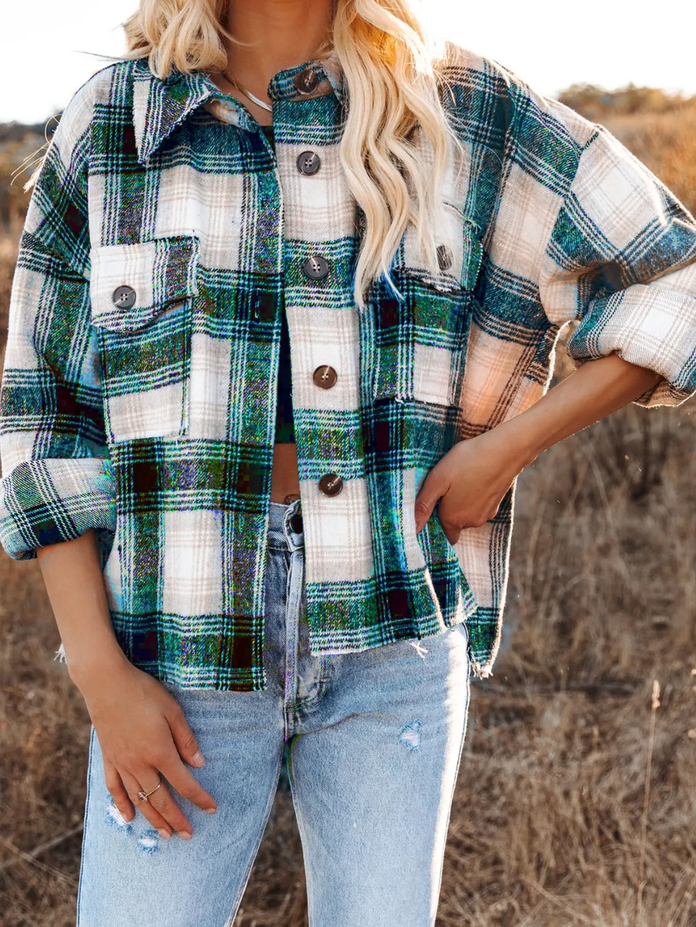 Pocketed Plaid Button Down Long Sleeve Shacket, image 5