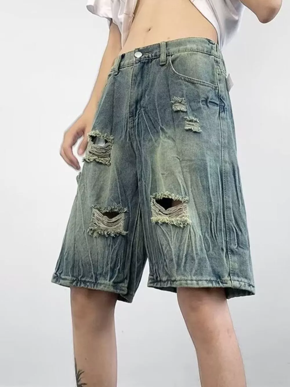 Men's Plus Size Distressed Wide Leg Denim Shorts, image 2