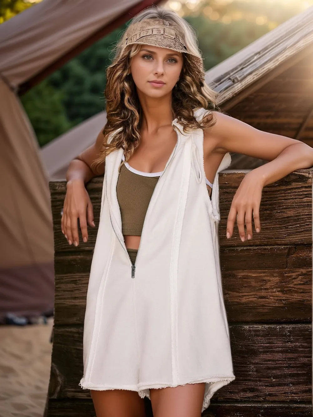 Half Zipped Hooded Sleeveless Romper, image 13