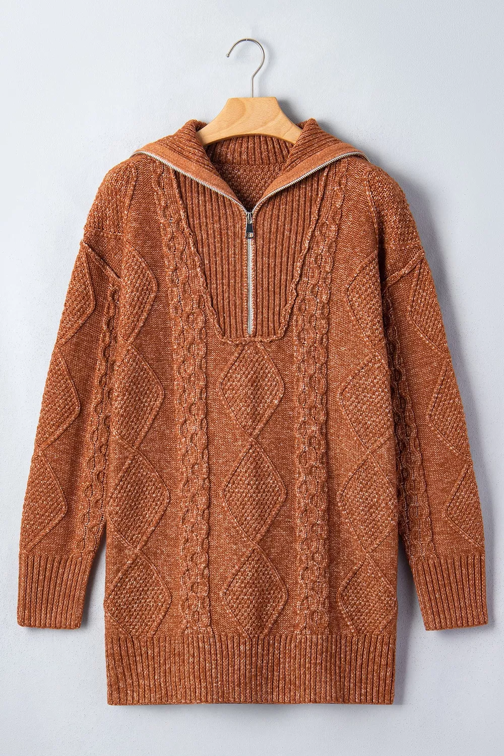 Zip-Up Cable Knit Drop Shoulder Sweater Dress, image 7