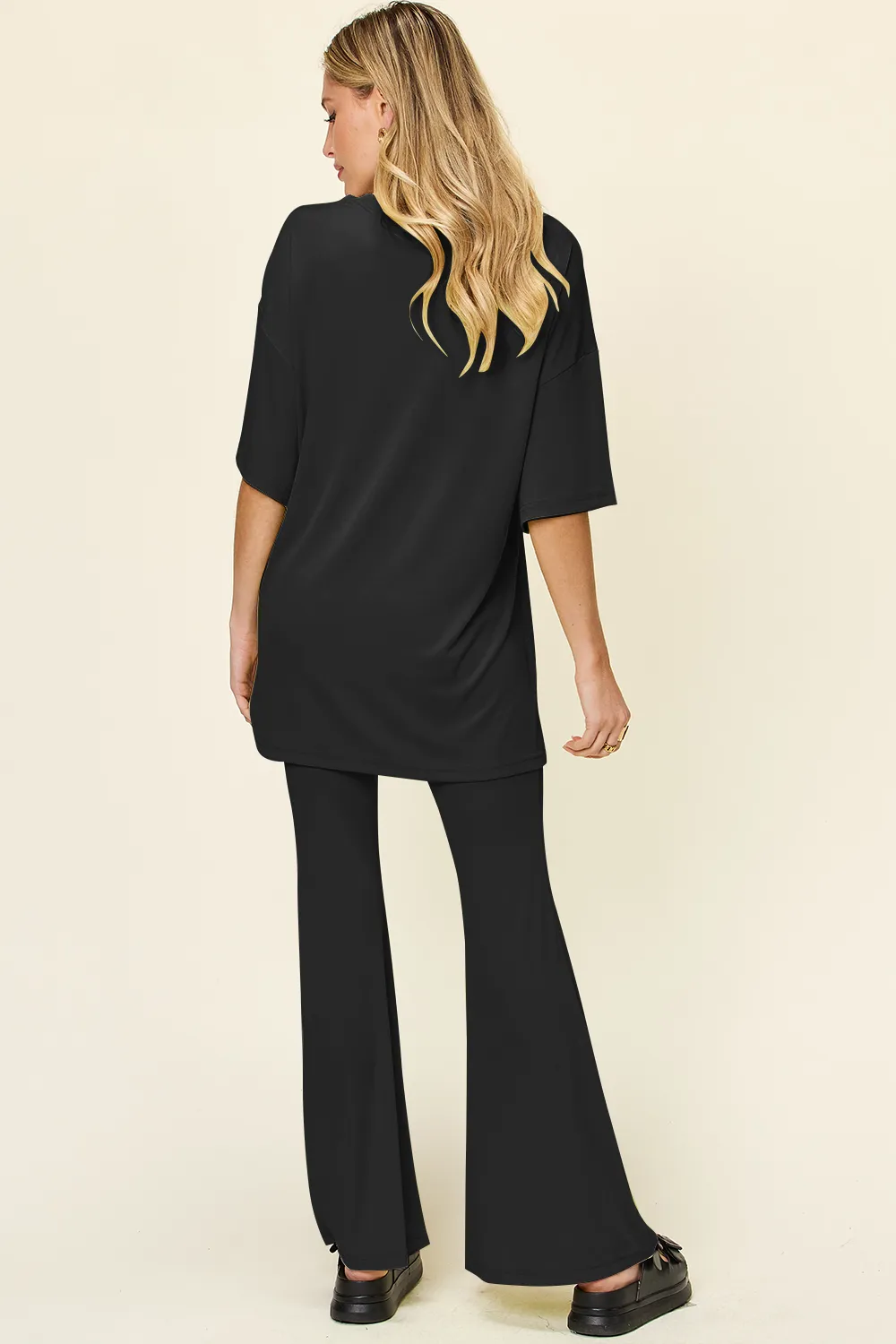 Full Size Round Neck Drop Shoulder T-Shirt and Flare Pants Set, image 15