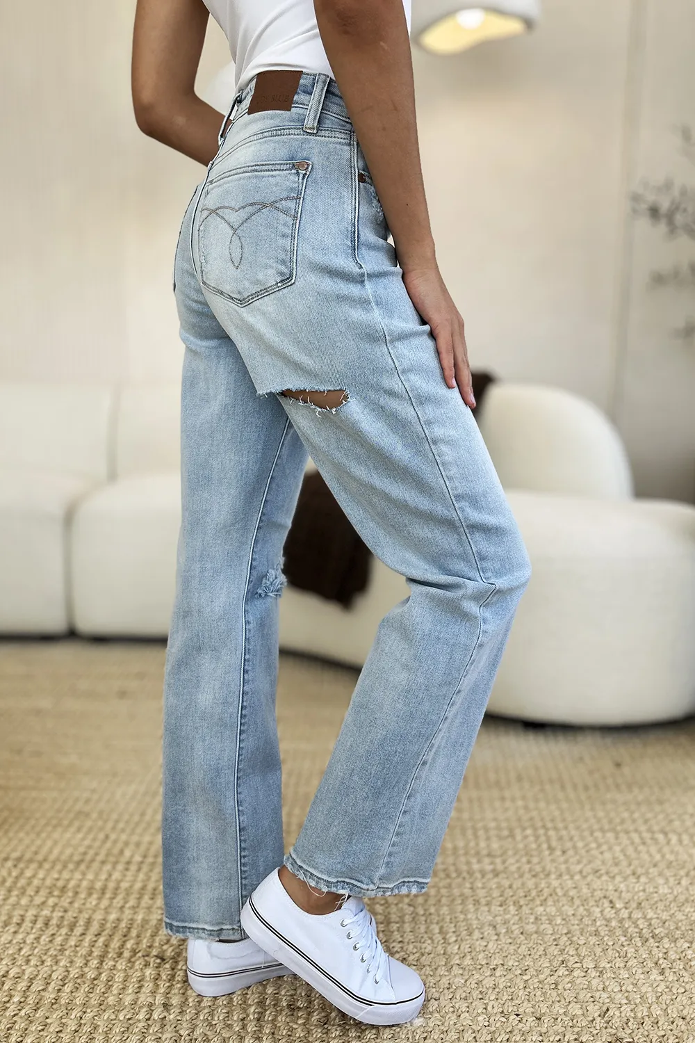 Full Size High Waist Distressed Straight Jeans, image 8