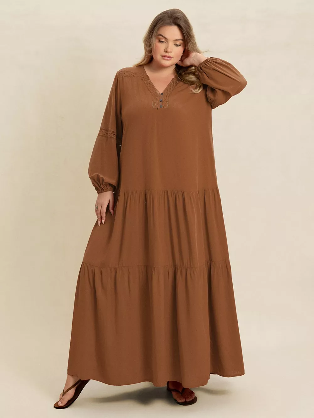 Plus Size Bohemian Tiered Maxi Dress with Balloon Sleeves, image 25