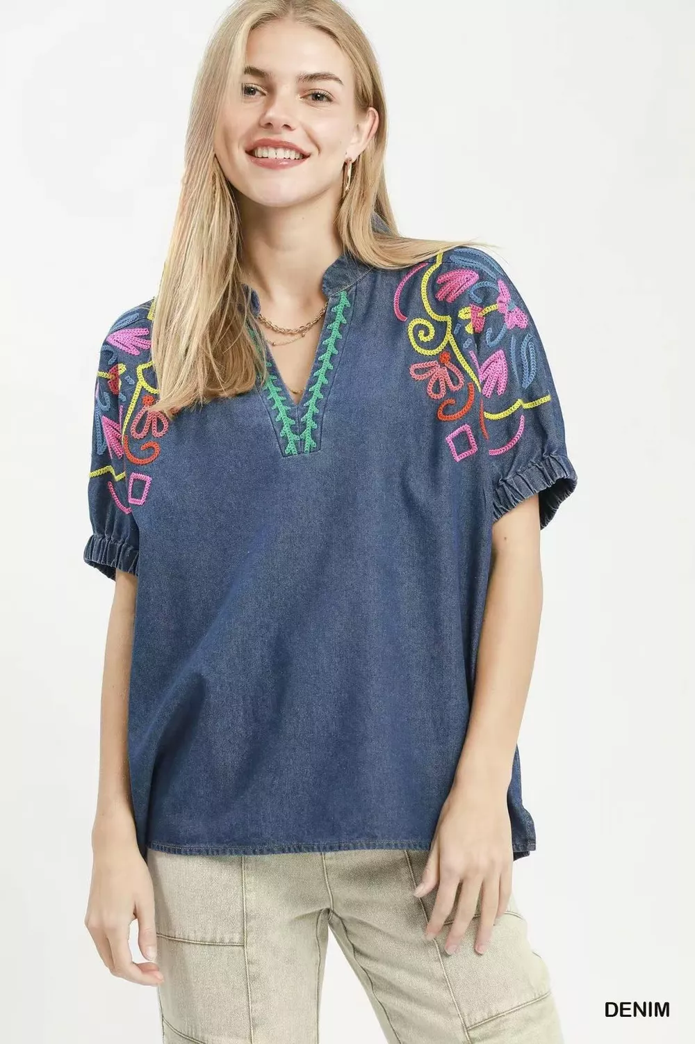 Embroidered Denim Puff Sleeve Top