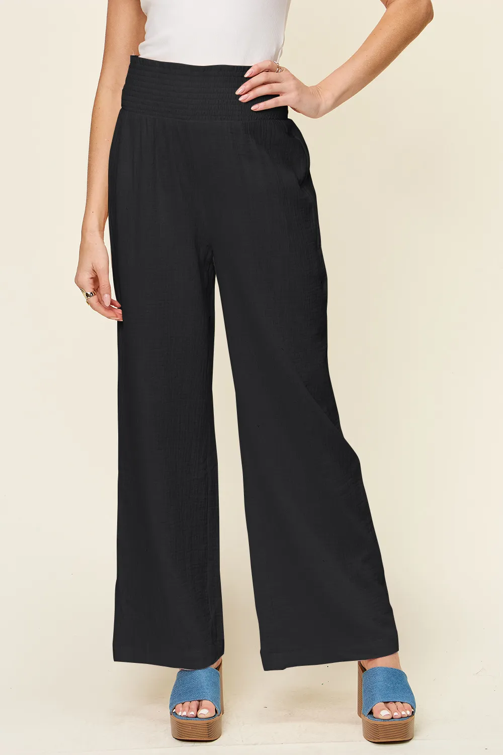 Full Size Texture Smocked Waist Wide Leg Pants, image 5