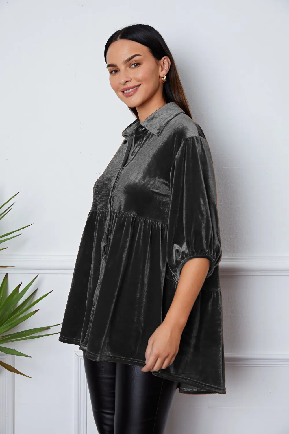 Velvet Tiered Button Up Collared Neck Shirt, image 14