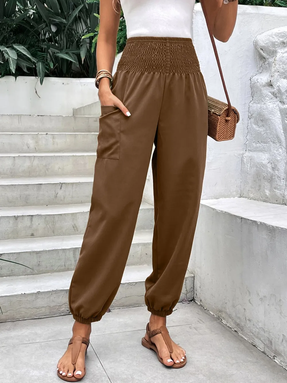 Smocked High Rise Joggers with Pockets, image 7
