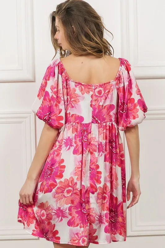 Floral Square Neck Puff Sleeve Mini Dress, image 4