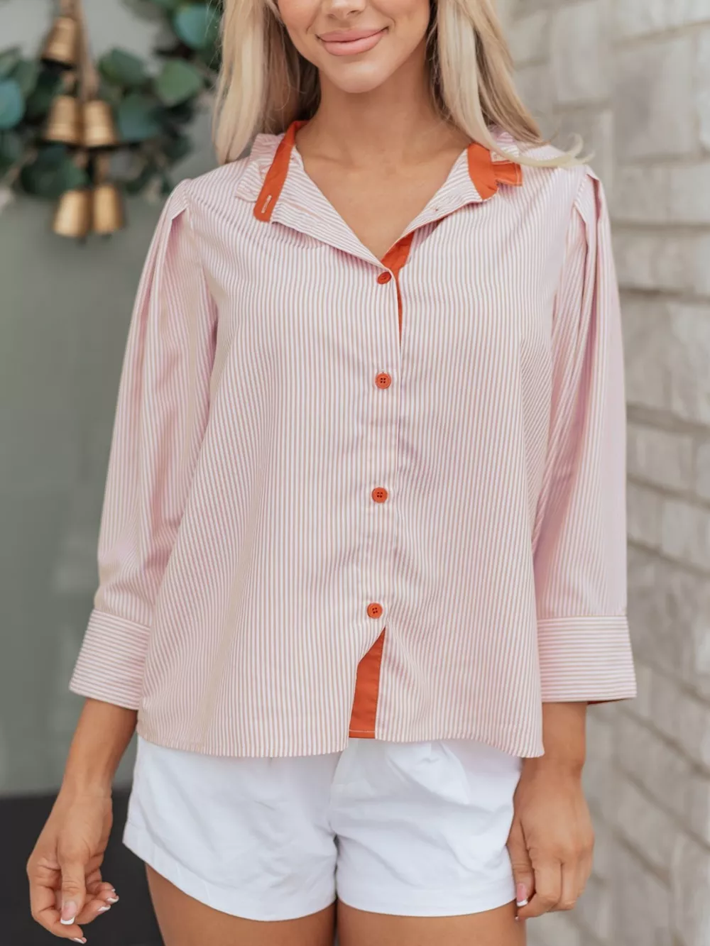 Stripe Color Block Patchwork Detail Frilled Collar Button Down Shirt, image 6