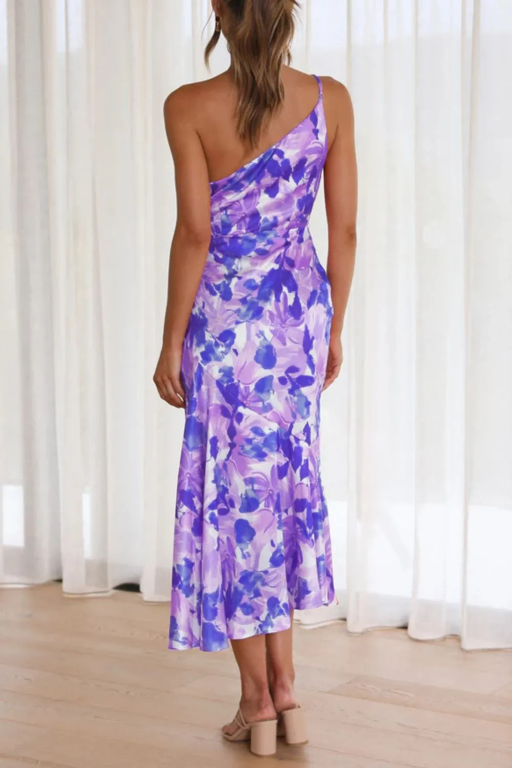 Ruched Printed Single Shoulder Midi Dress, image 2