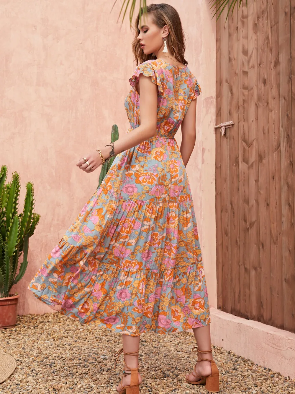 Ruffled Printed V-Neck Cap Sleeve Tiered Dress, image 3