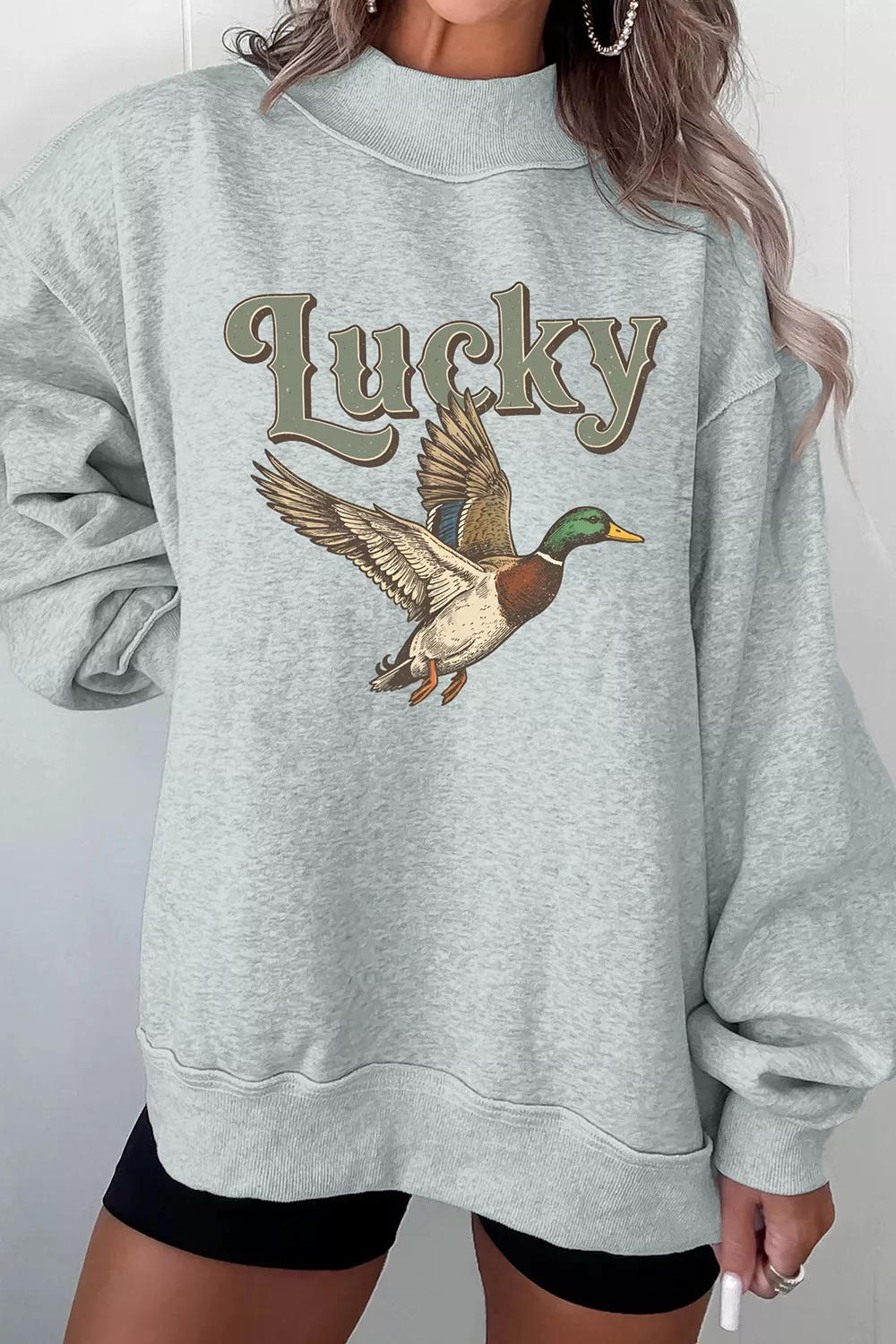 Lucky Mallard Graphic Mock Neck Casual Sweatshirt