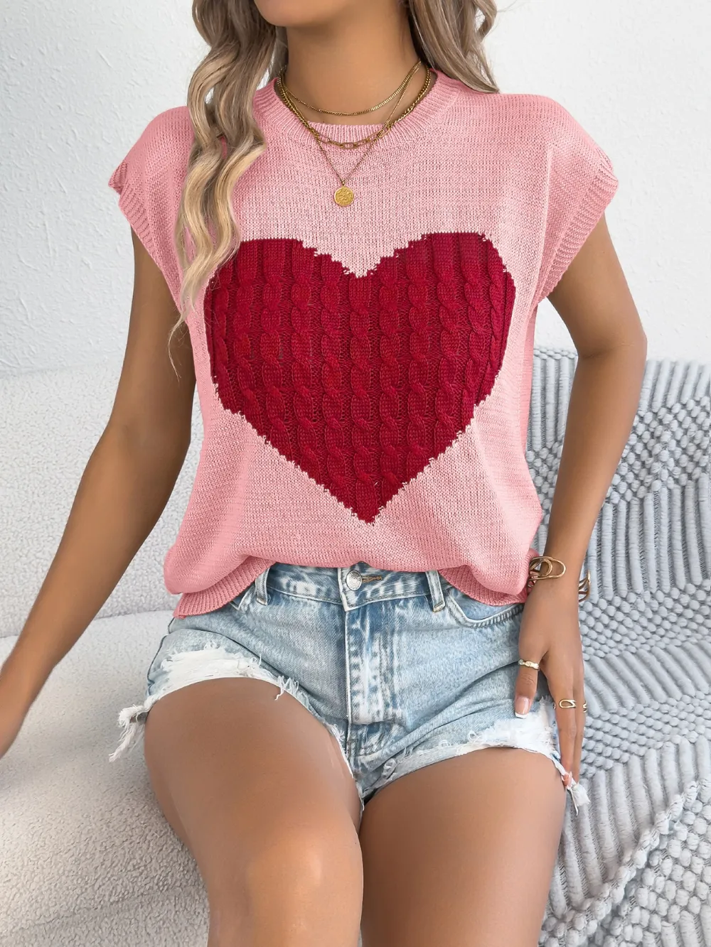Cable Knit Heart Round Neck Cap Sleeve Knit Top, image 2