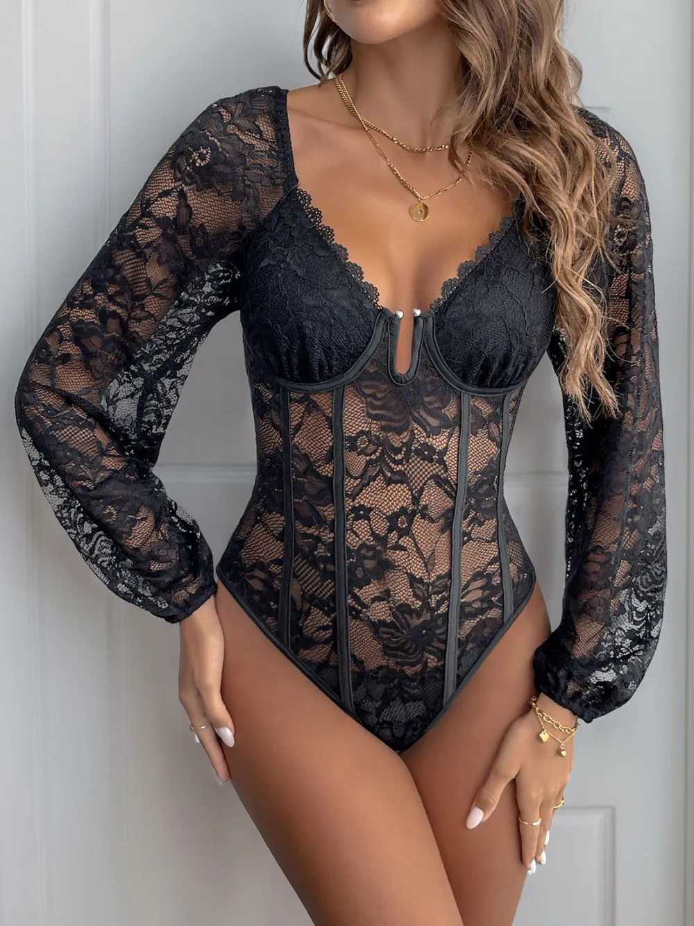 Lace V-Neck Long Sleeve Bodysuit, image 7