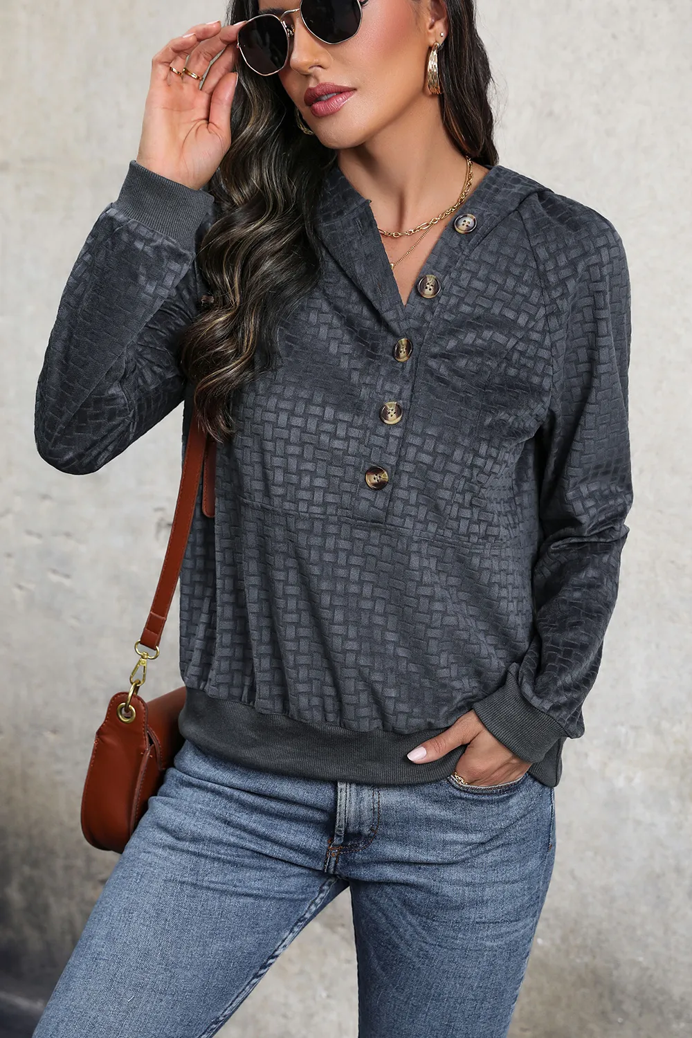Printed Half Button Long Sleeve Hoodie, image 4