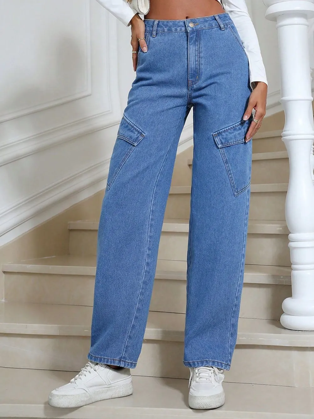 High Waist Straight Leg Jeans with Pockets, image 4