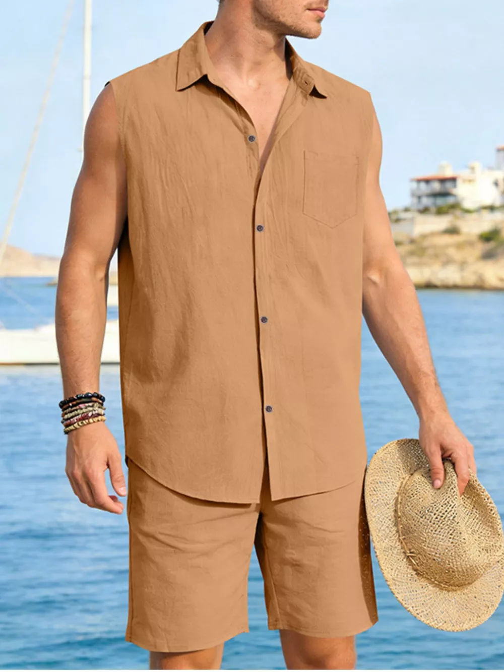 Men's Full Size Button Up Sleeveless Top and Shorts Plus Size, image 14