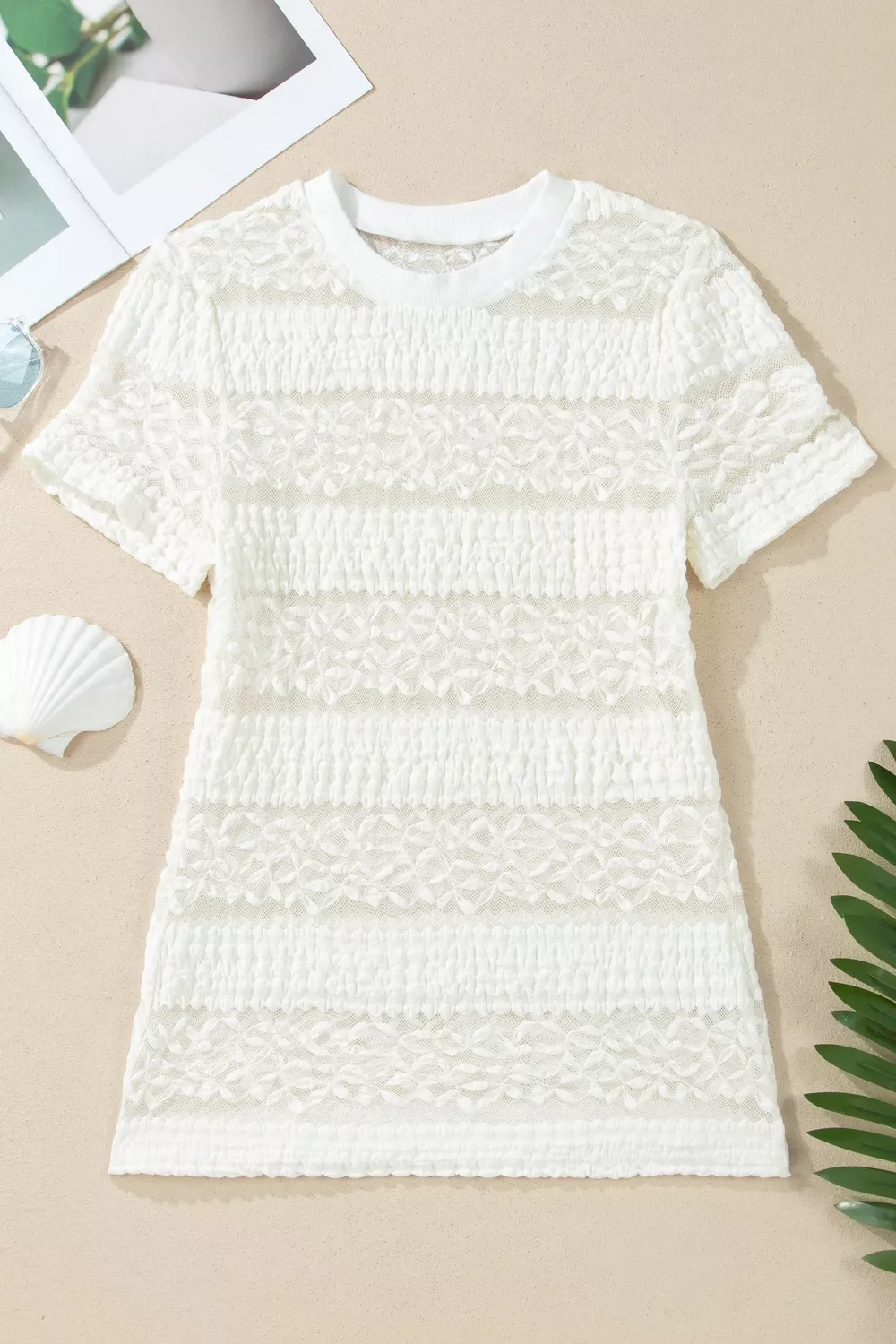 Sheer Lace Textured Patchwork Short Sleeve Top, image 3