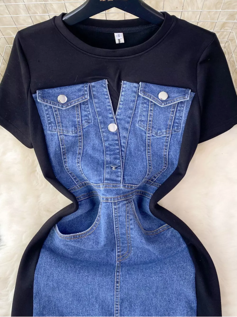 Full Size Denim Patchwork Short Sleeve Slit Back Dress Plus Size, image 8