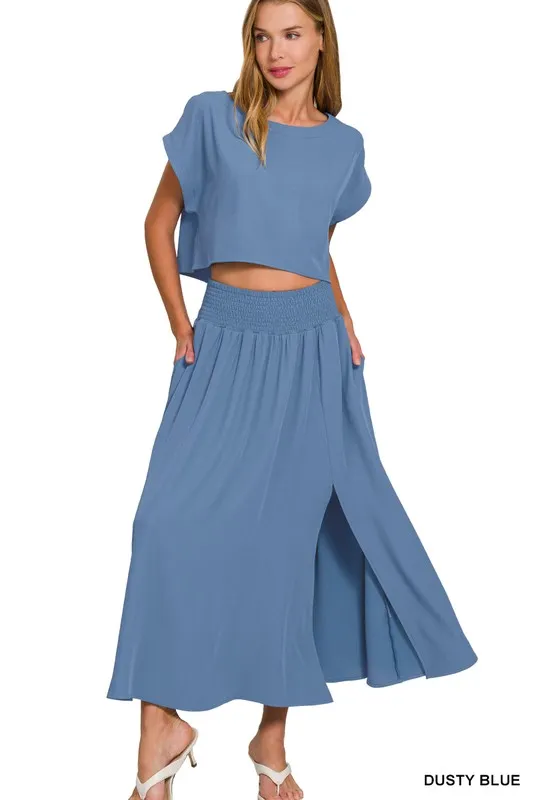 Woven Crinkle Gauze Crop Tee and Skirt Set, image 3