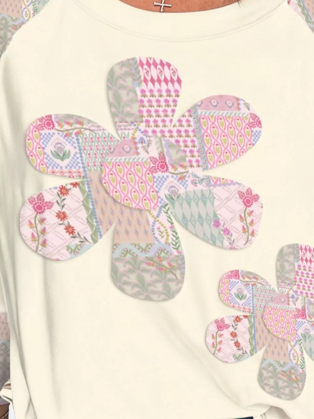 Color Block Retro Floral Patchwork Long Sleeve Top, image 3