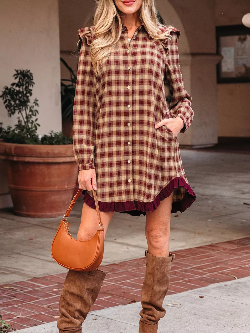 Plaid Print Ruffled Long Sleeve Patchwork Hem Mini Shirt Dress, image 2