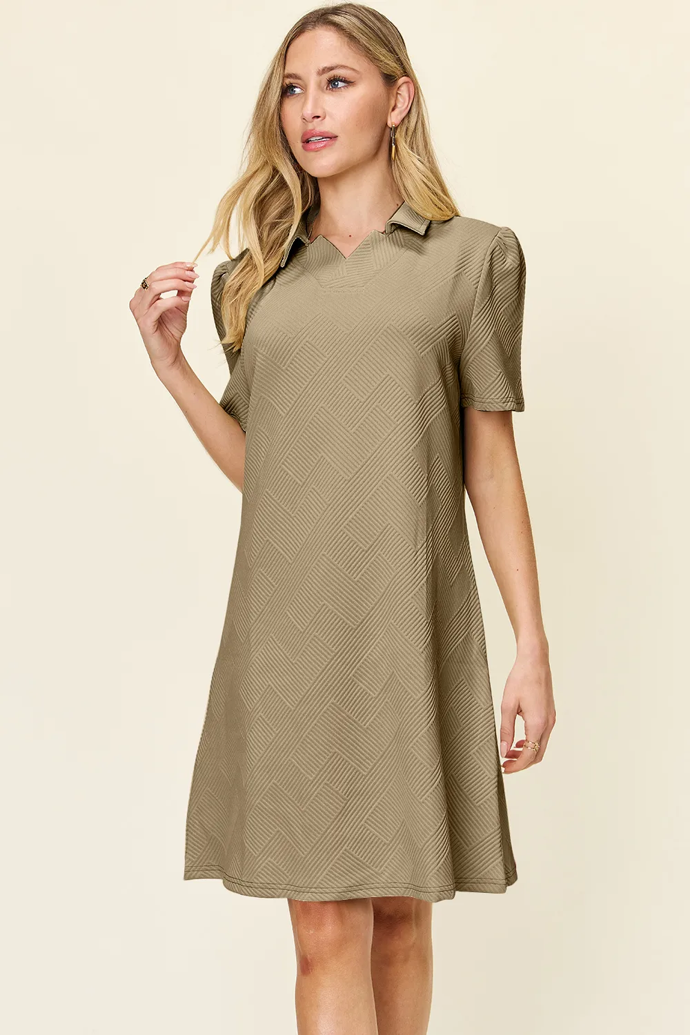 Full Size Texture Collared Neck Short Sleeve Dress, image 23