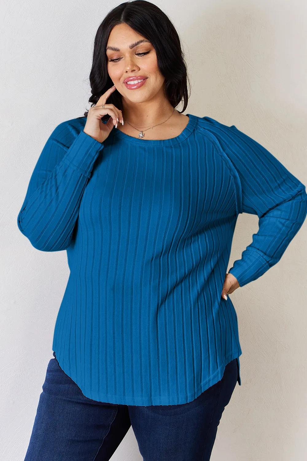 Full Size Ribbed Round Neck Slit T-Shirt, image 31