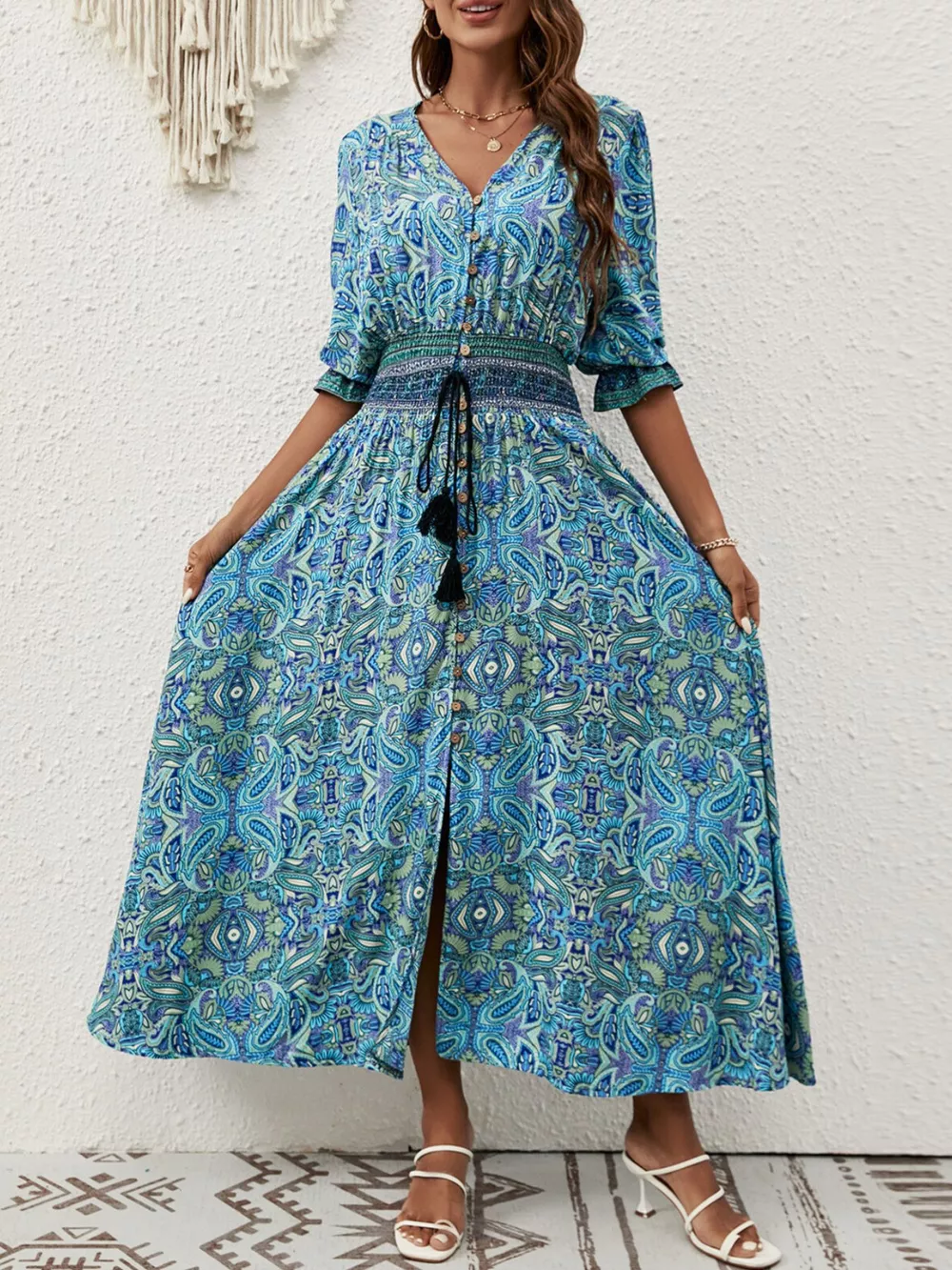 Paisley Print Half Sleeve Slit Midi Dress, image 16