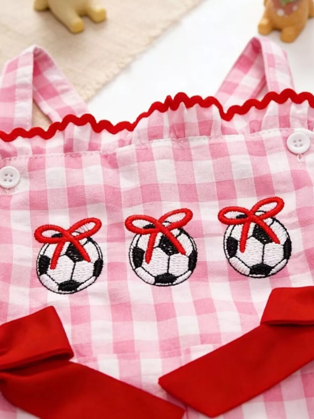 Children's Gingham Soccer Ball Embroidered Ruffle Hem Jumpsuit, image 7