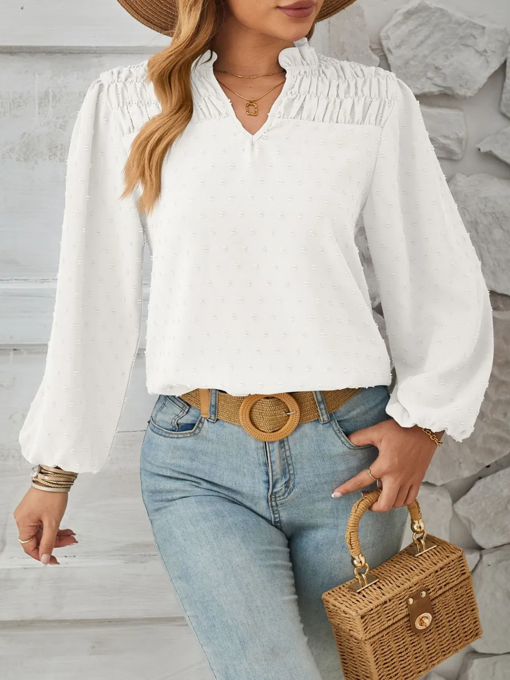 Ruched Swiss Dot Notched Balloon Sleeve T-Shirt, image 5