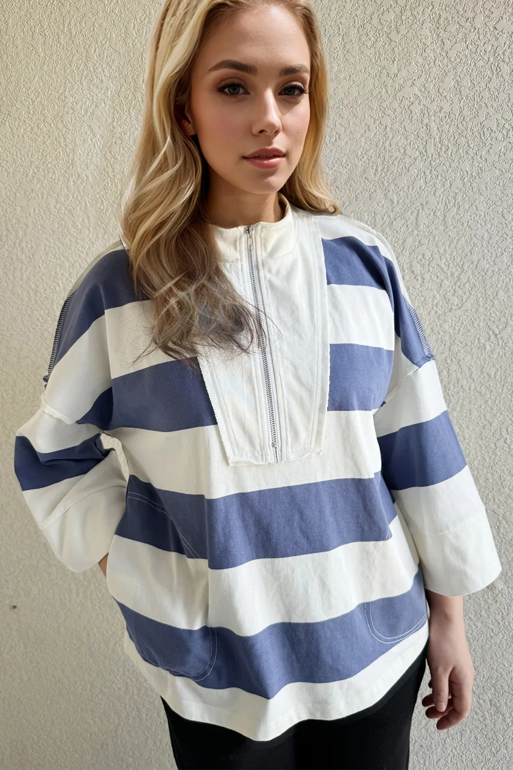Pima Cotton Wash Striped Half Zip Mock Neck Long Sleeve Top, image 4