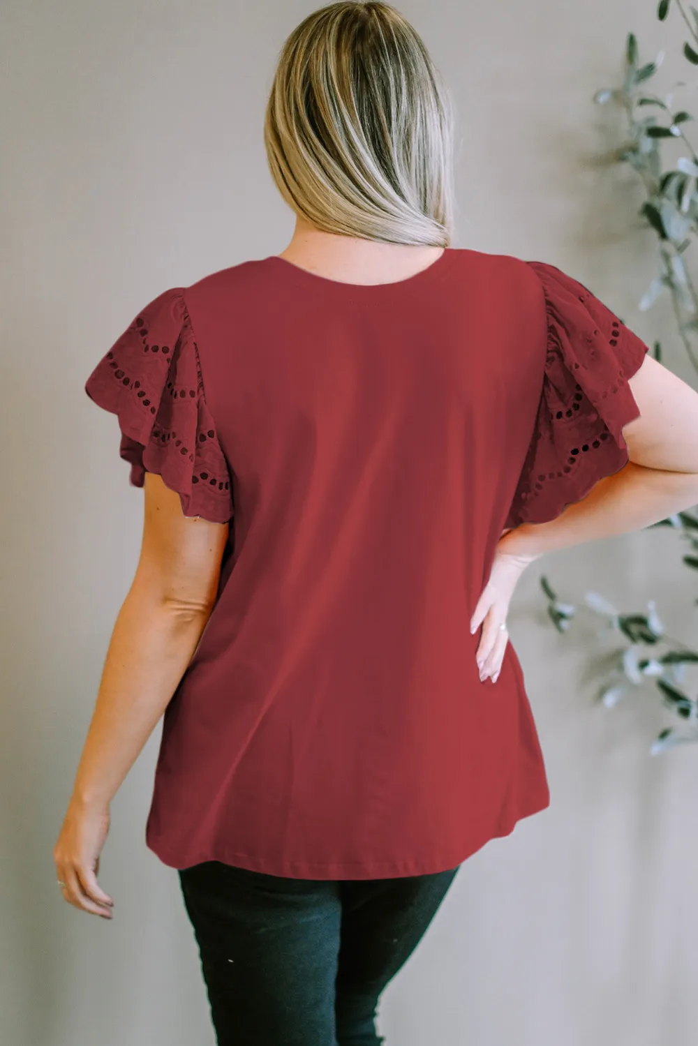 Plus Size Eyelet Round Neck Short Sleeve Blouse, image 11
