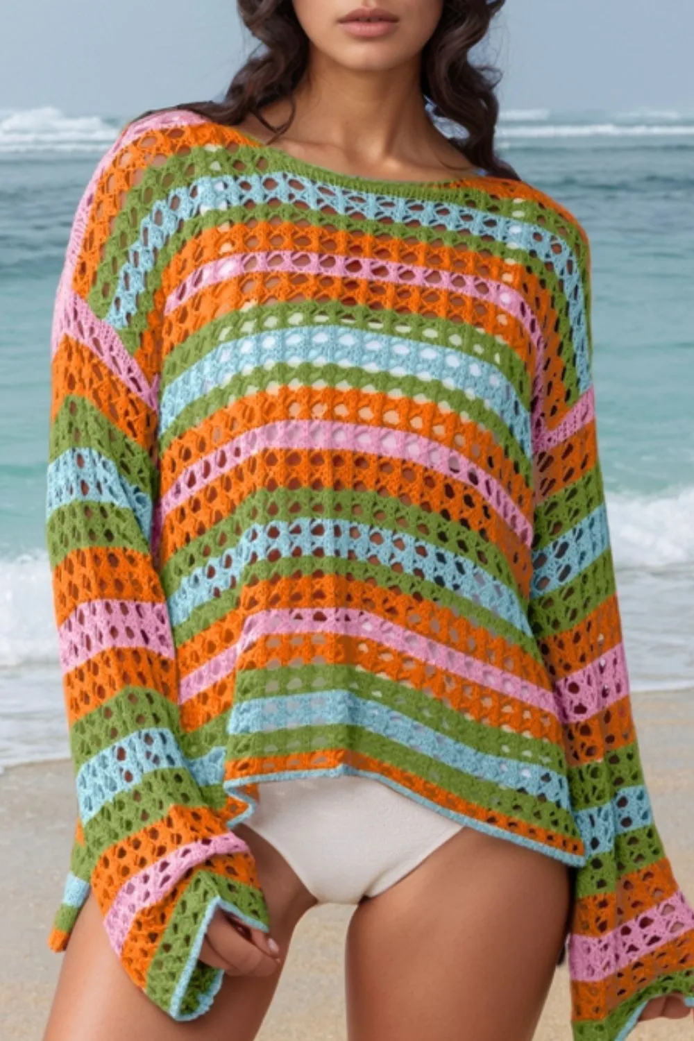 Openwork Round Neck Long Sleeve Knit Cover Up, image 6