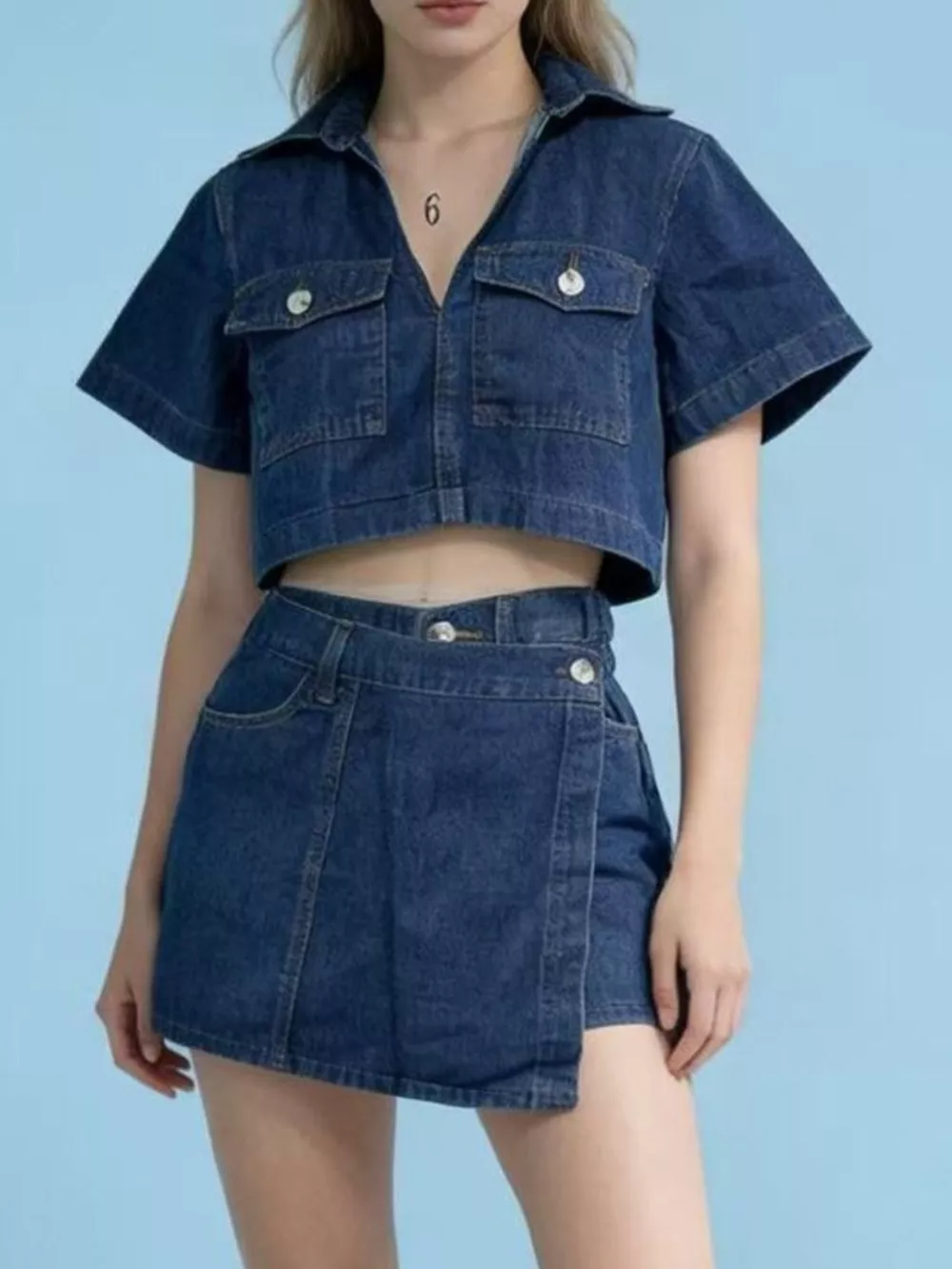 Short Sleeve Cropped Top and Skort Denim Set, image 10
