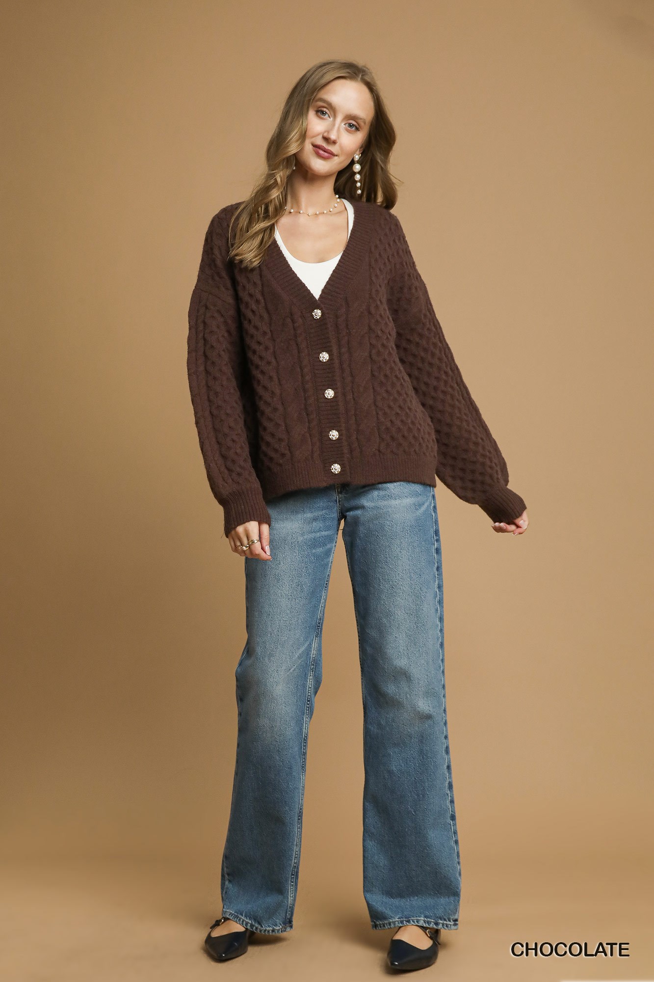 Cable Knit Pearl Button Cardigan, image 5