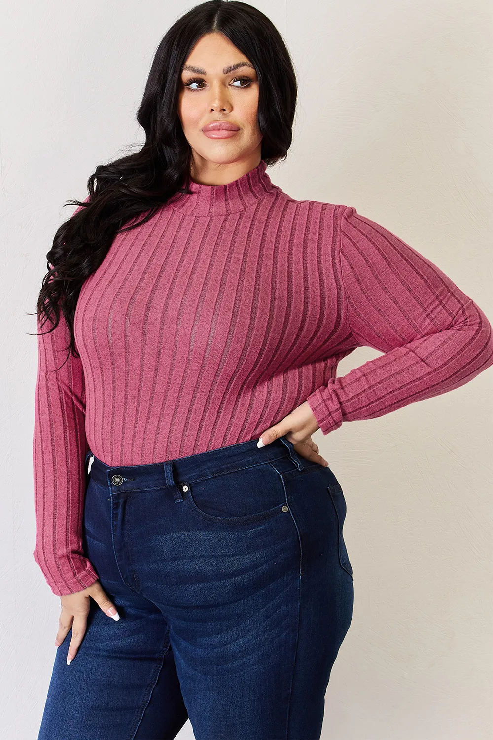 Full Size Ribbed Mock Neck Long Sleeve T-Shirt, image 27