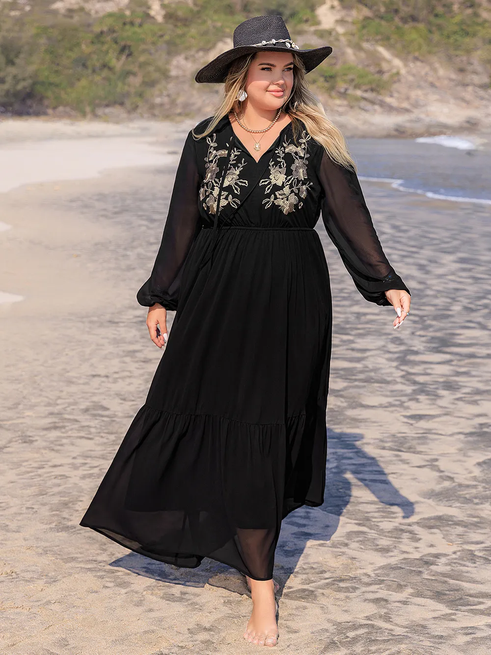 Plus Size Embroidered Tie Neck Long Sleeve Dress, image 4