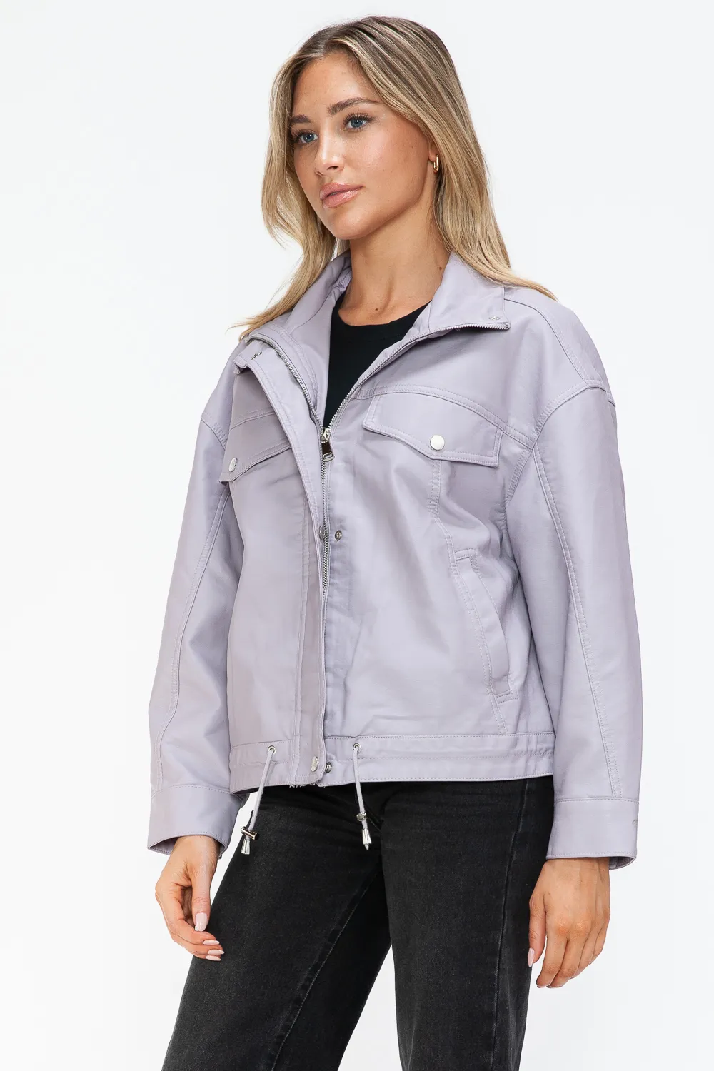 Drawstring Hem PU Leather Zip Up Jacket, image 12