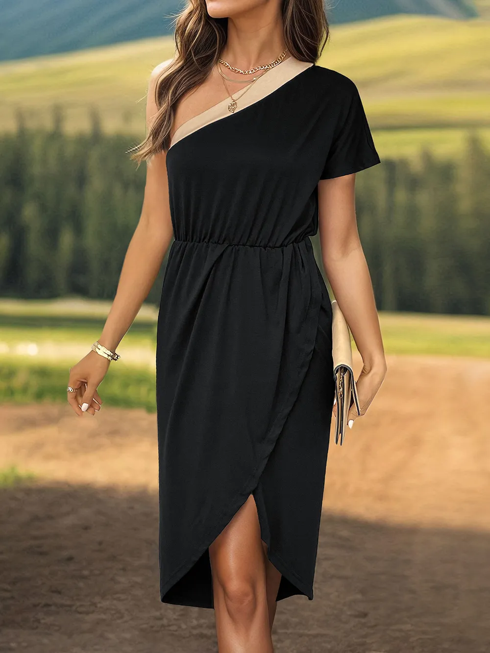 Slit Single Shoulder Short Sleeve Midi Dress, image 4